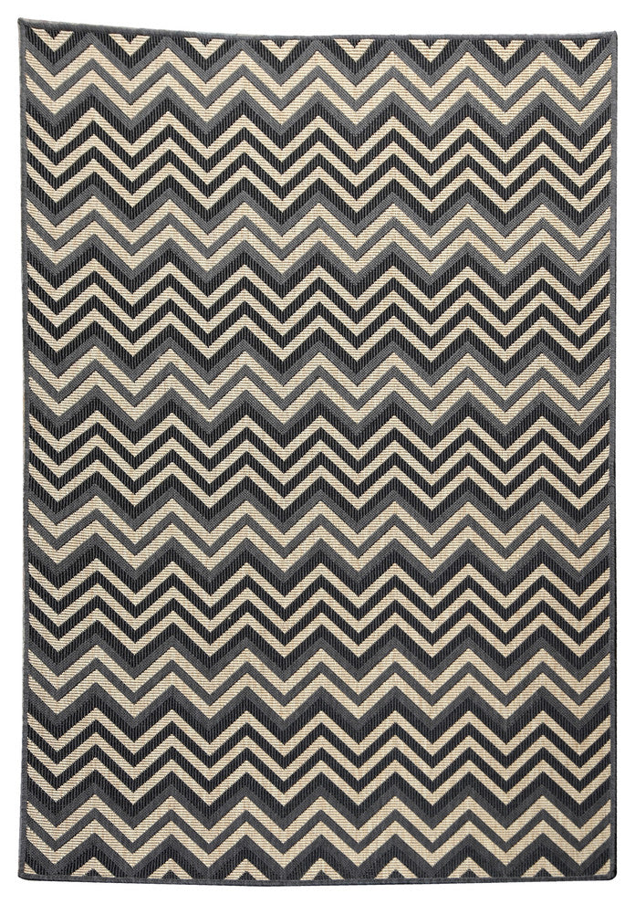 Geometric Zigzag Ocean Blue Indoor & Outdoor Area Rug 1112, Charcoal, 4'5"x7'