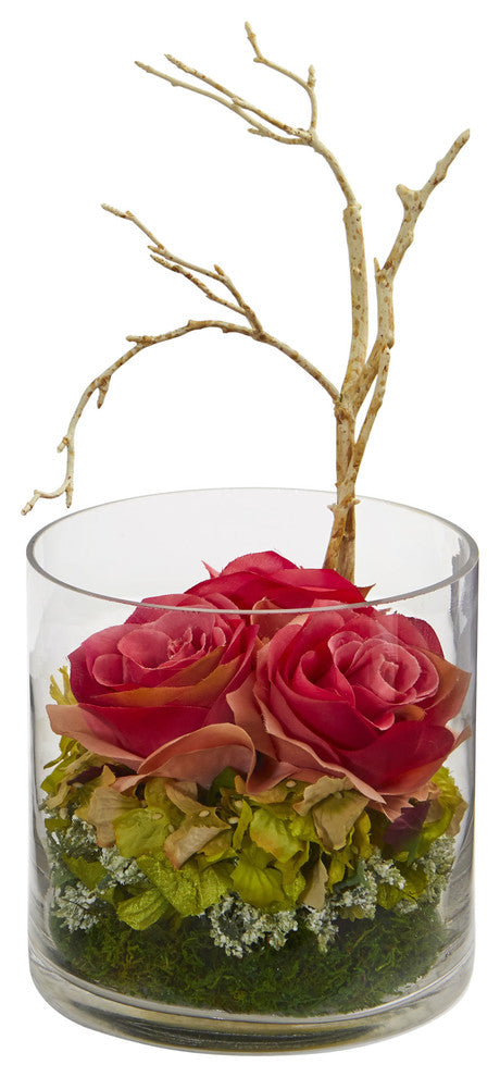 Nearly Natural  Roses & Hydrangeas Artificial Arrangement Dark Pink