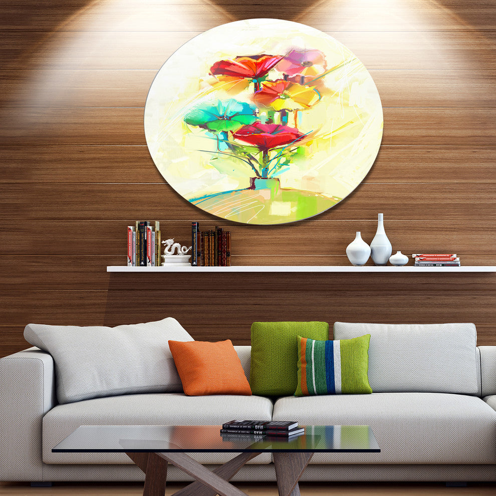 Spring Flowers Bouquet In A Vase, Modern Floral Disc Metal Artwork, 38"