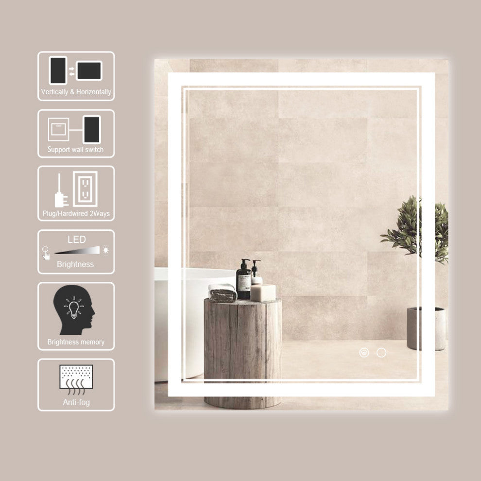 LED Bathroom Mirror, Anti-Fog Memory Dimmable IP54 Waterproof, 30"x36"