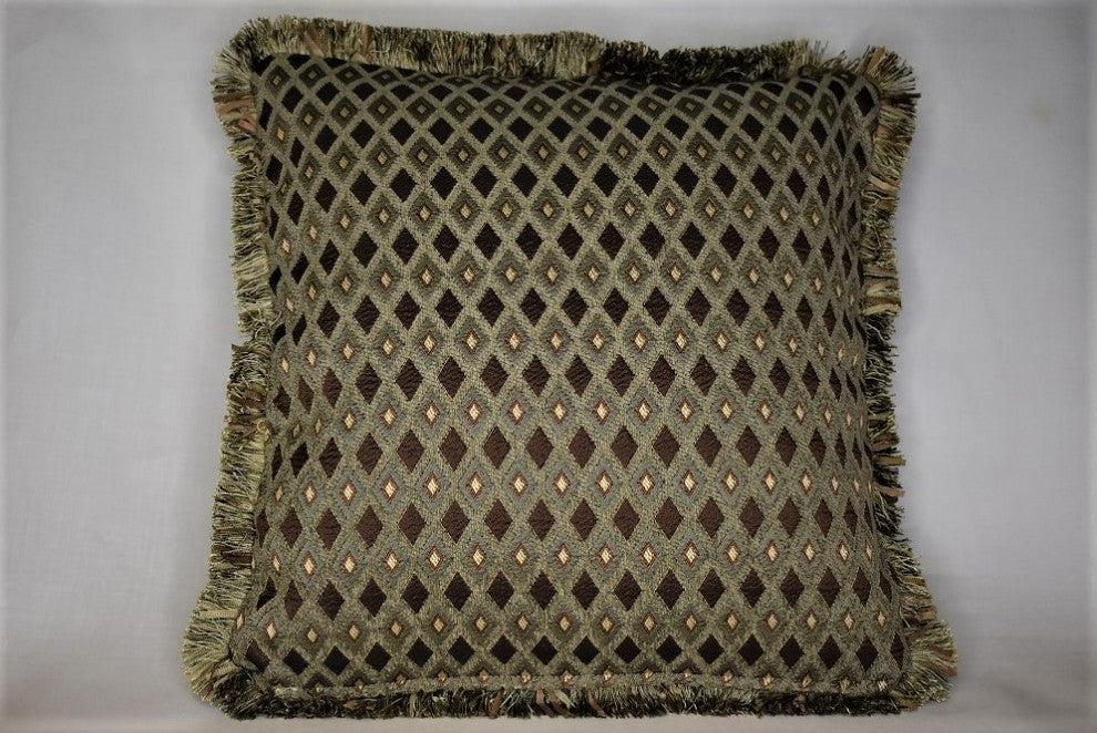 Gold And Brown Transitional Throw Pillow With Fringe, 17x17