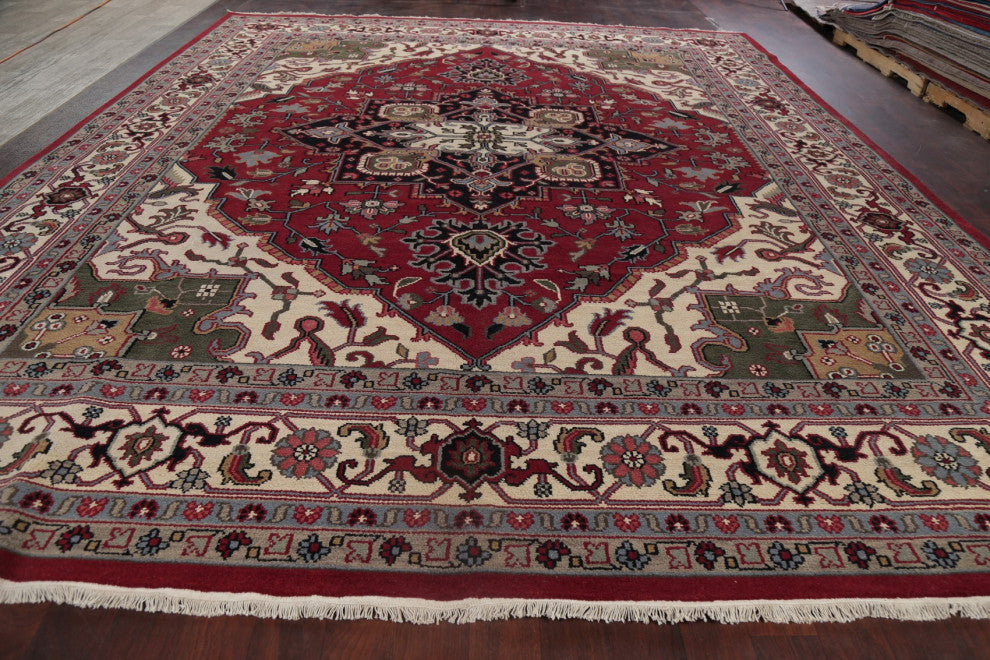 Traditional Heriz Oriental Carpet Handmade Indian Area Rug, Red, 14'9"x11'11