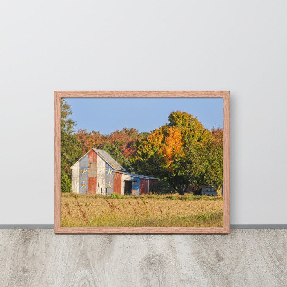 Patriotic Barn in Field Rural Landscape Framed Photo Paper Wall Art Prints, Red Oak, 16" X 20"