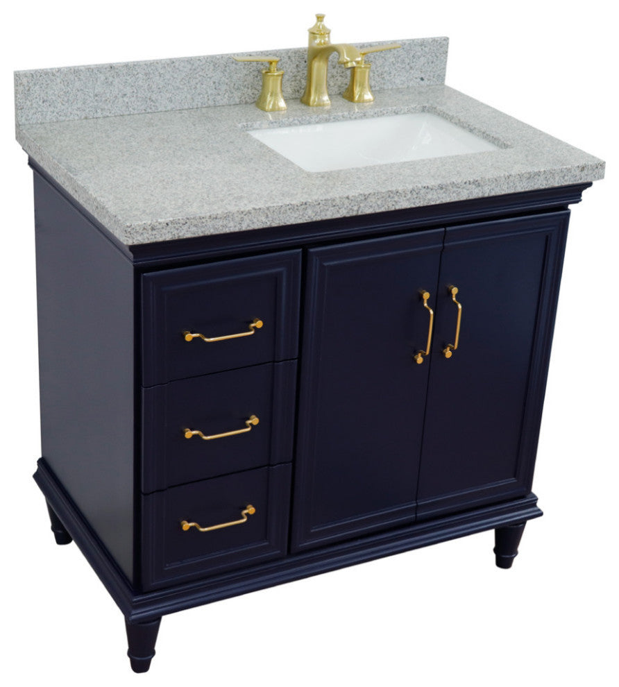37" Single Vanity, Blue Finish With Gray Granite