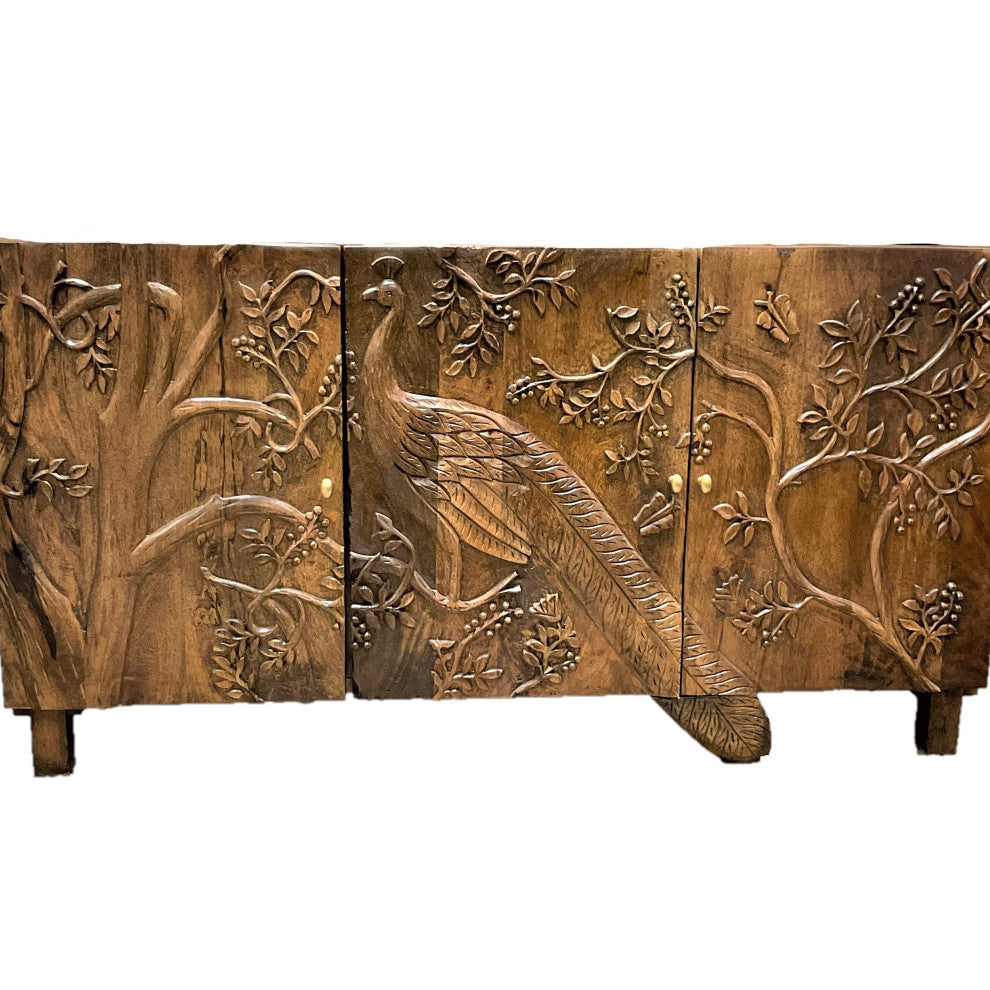Mother Nature 60" Solid Wood Sideboard Hand Carved Peacock Bird Front Doors