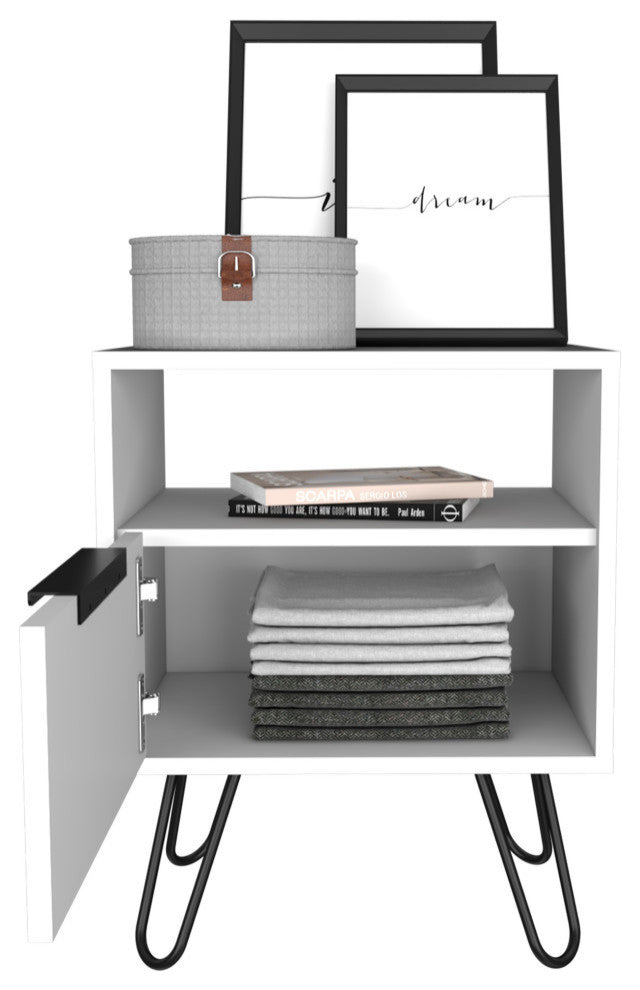 Vienna Modern Bedroom Nightstand with Cabinet and Hairpin Legs, White