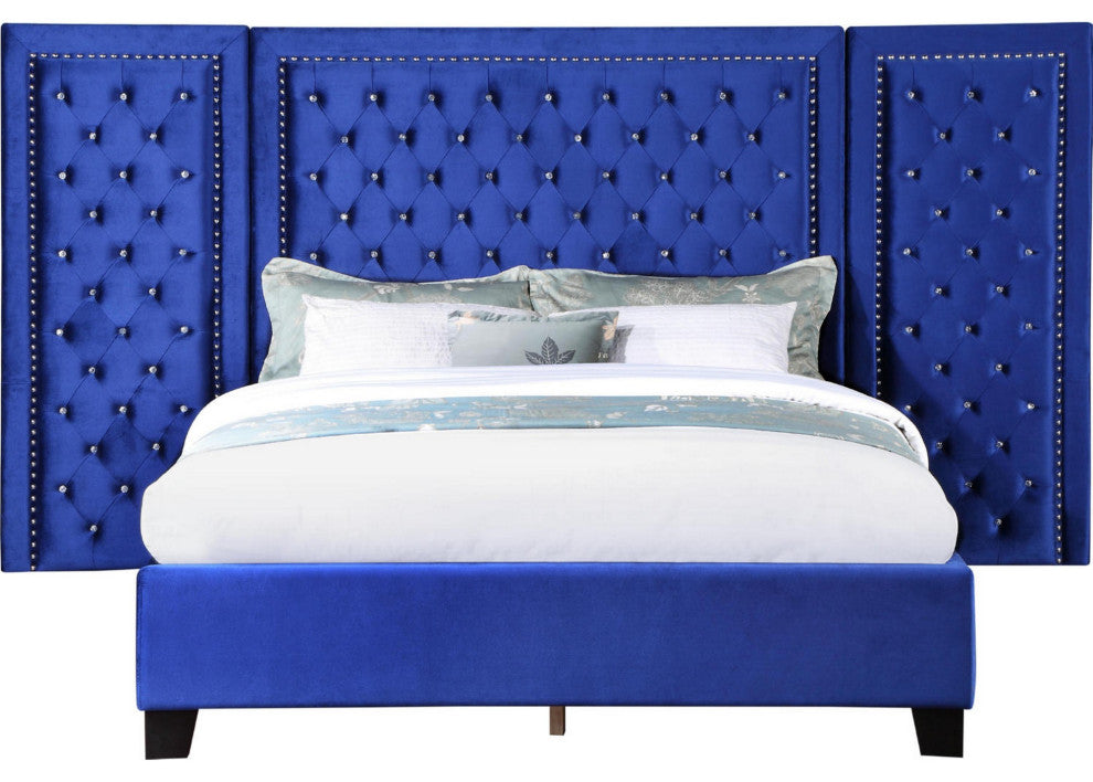 Benzara BM284036 King Size Bed, XL 3 Panel Headboard, Crystal Tufted, Blue