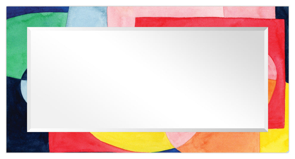 "Launder" Beveled Mirror on Printed Abstarct Tempered Art Glass, 54x28"