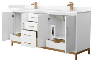 Amici 72" White Double Vanity, Carrara Cultured Marble Top, Satin Bronze Trim