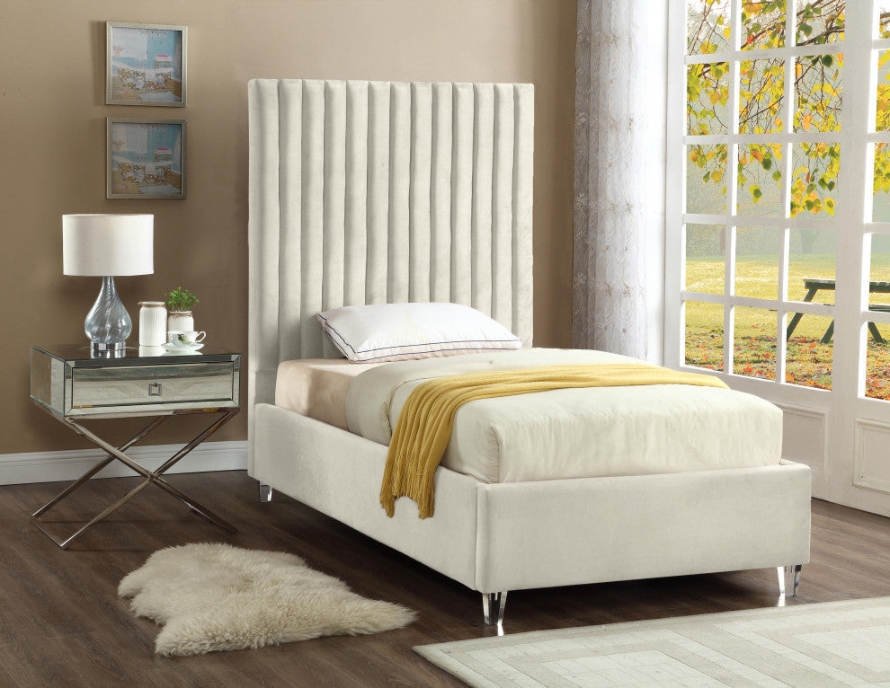Candace Velvet Upholstered Bed, Cream, Twin