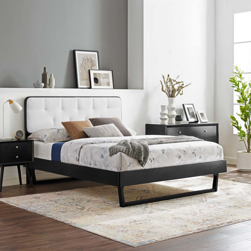 Platform Bed Frame, King Size, Wood, Black White, Modern Mid-Century, Bedroom