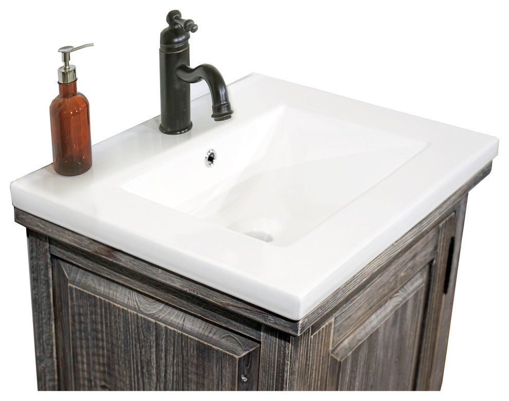 24" Rustic Solid Fir Vanity With Ceramic Single Sink, Gray, No Faucet