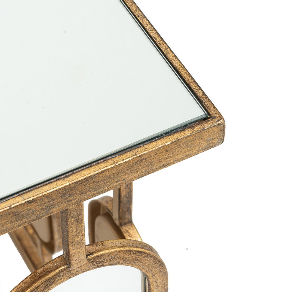 Benzara Coffee Table, Mirror Top, Geometric Patterns, Iron, Modern, Gold