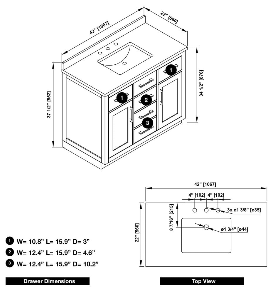 The Hudson Bathroom Vanity, White, 42", Single Sink, Freestanding