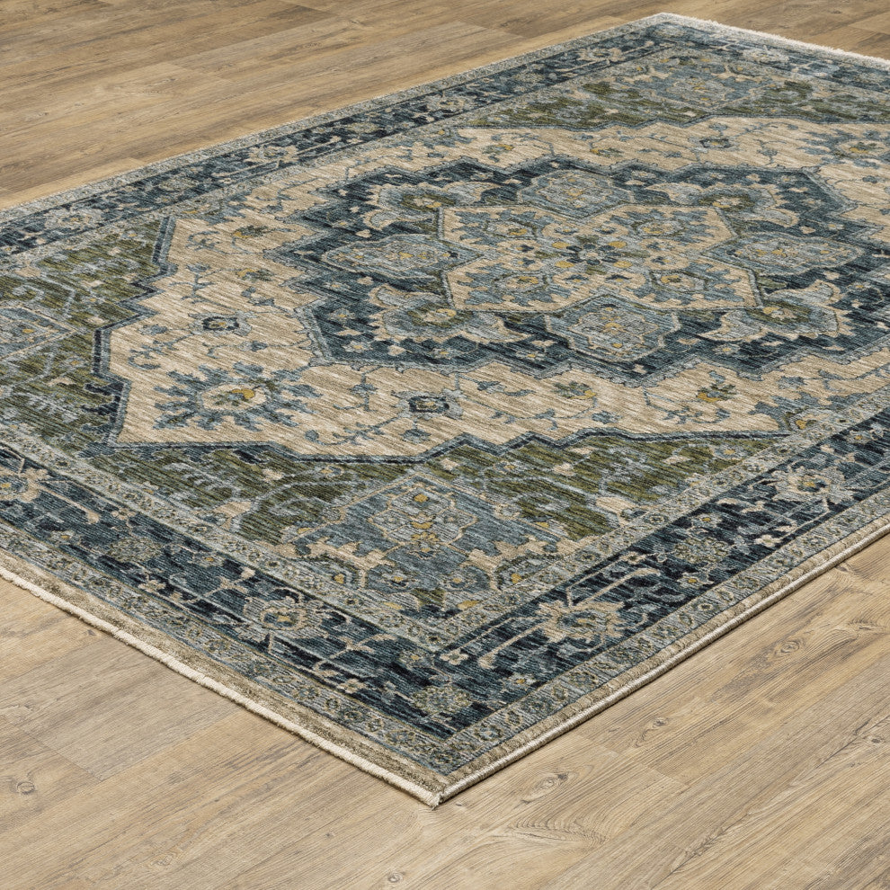 Augustus Center Medallion Blue/ Tan Indoor Area Rug, Blue, 9'10"x12'10"