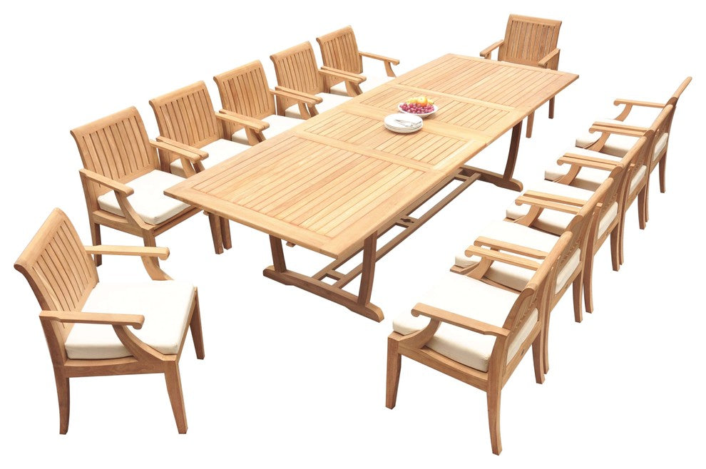 13-Piece Outdoor Teak Dining Set: 117" Masc Rectangle Table, 12 Lagos Arm Chairs