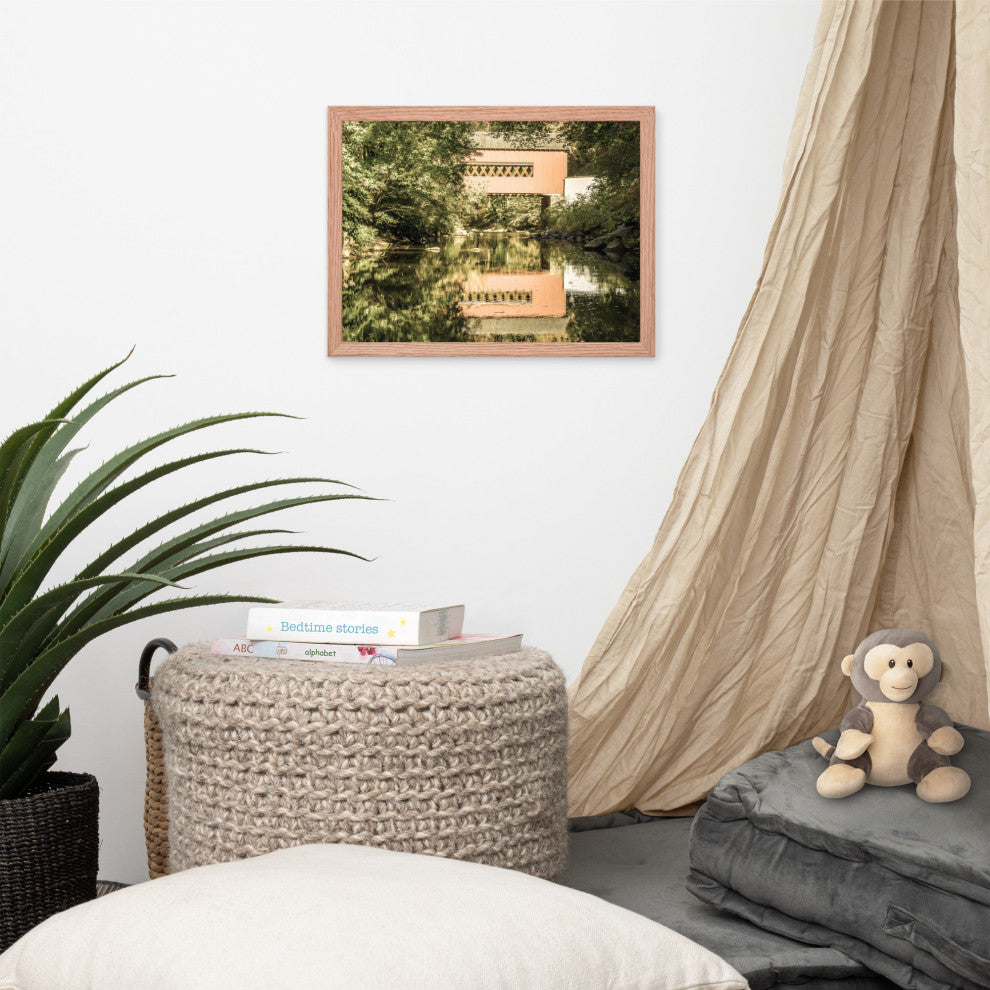 The Reflections of Wooddale Covered Bridge Aged Framed Photo Wall Art Print, Red Oak, 12" X 16"