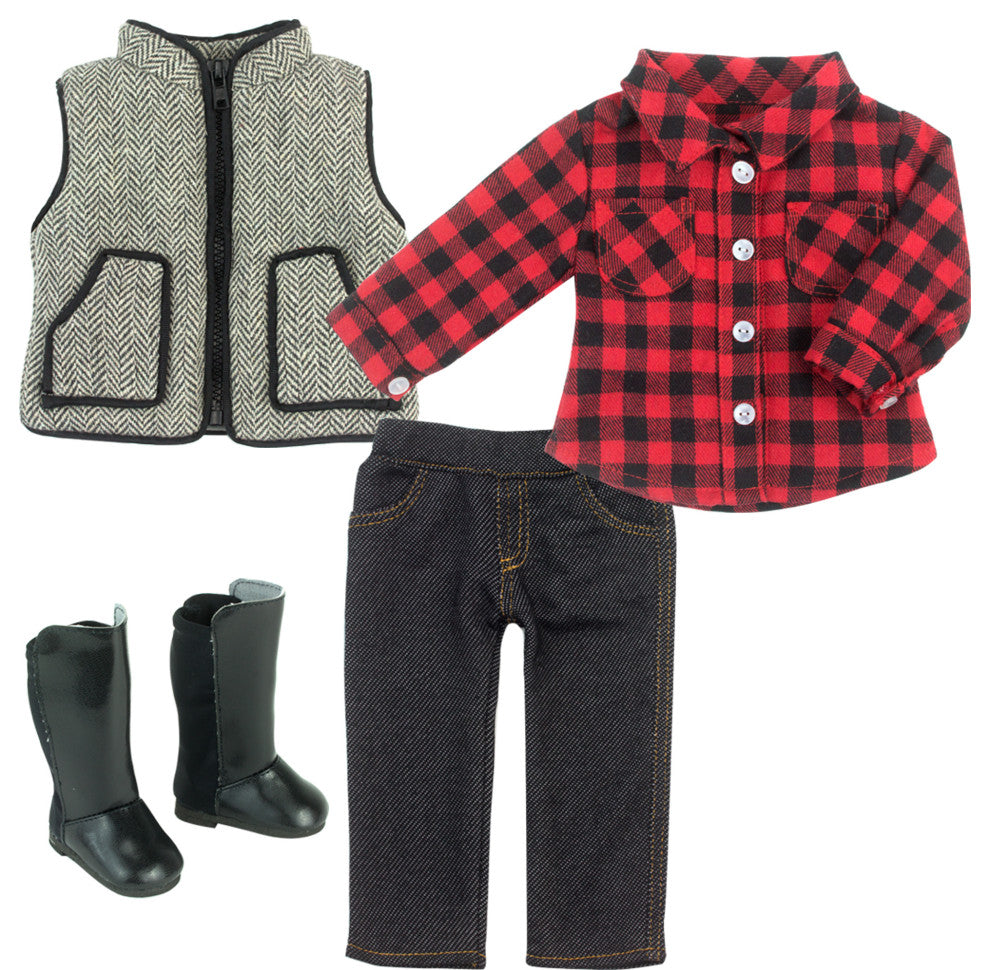 18" Doll Shirt Jeggings Vest and Boots Set