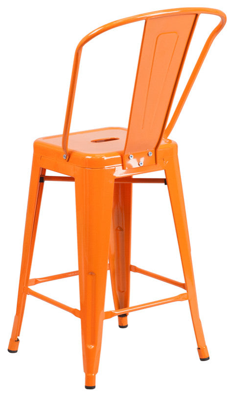 24" High Orange Metal Indoor-Outdoor Counter Stool With Back