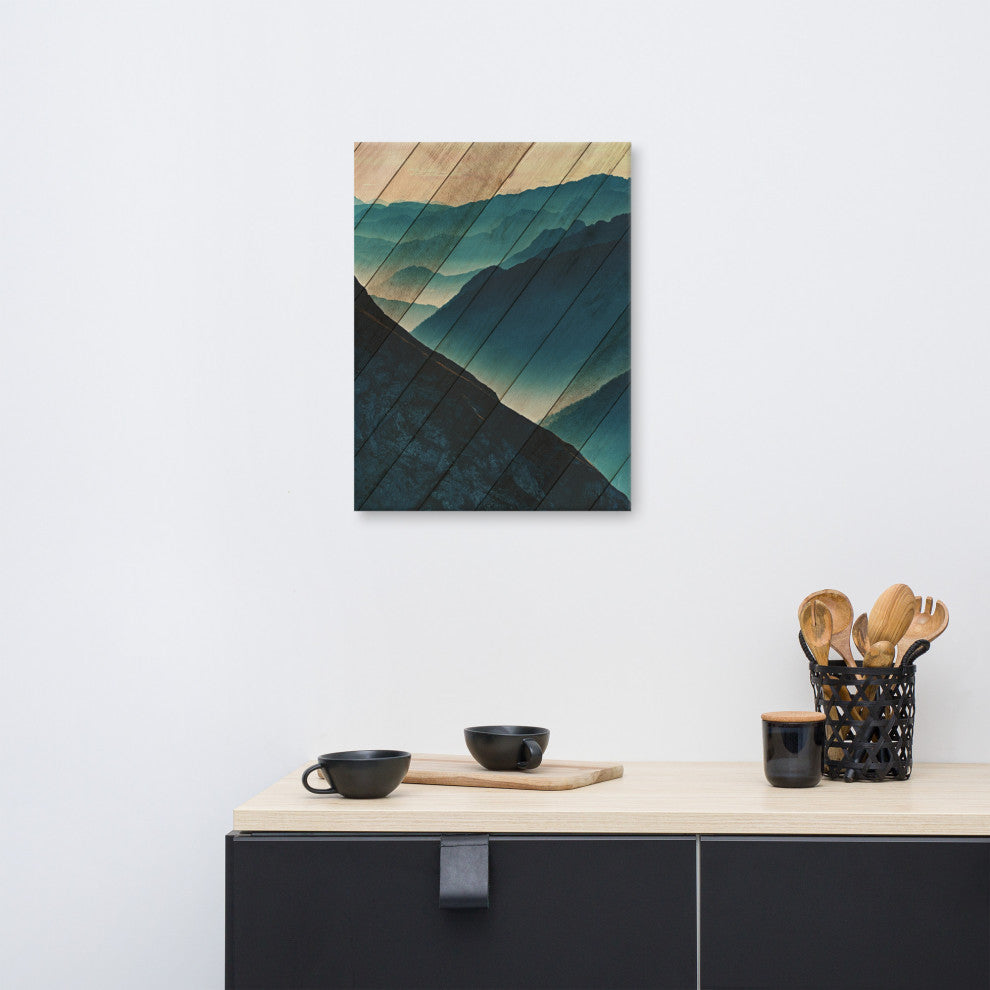 Faux Wood Misty Blue Silhouette Mountains Landscape Canvas Art Print, 18" X 24"