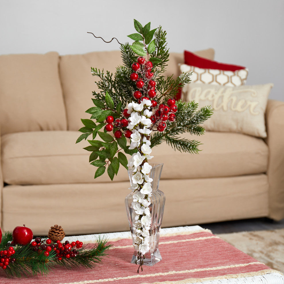 25" Wisteria, Iced Pine and Berries Artificial Arrangement, Glass Vase