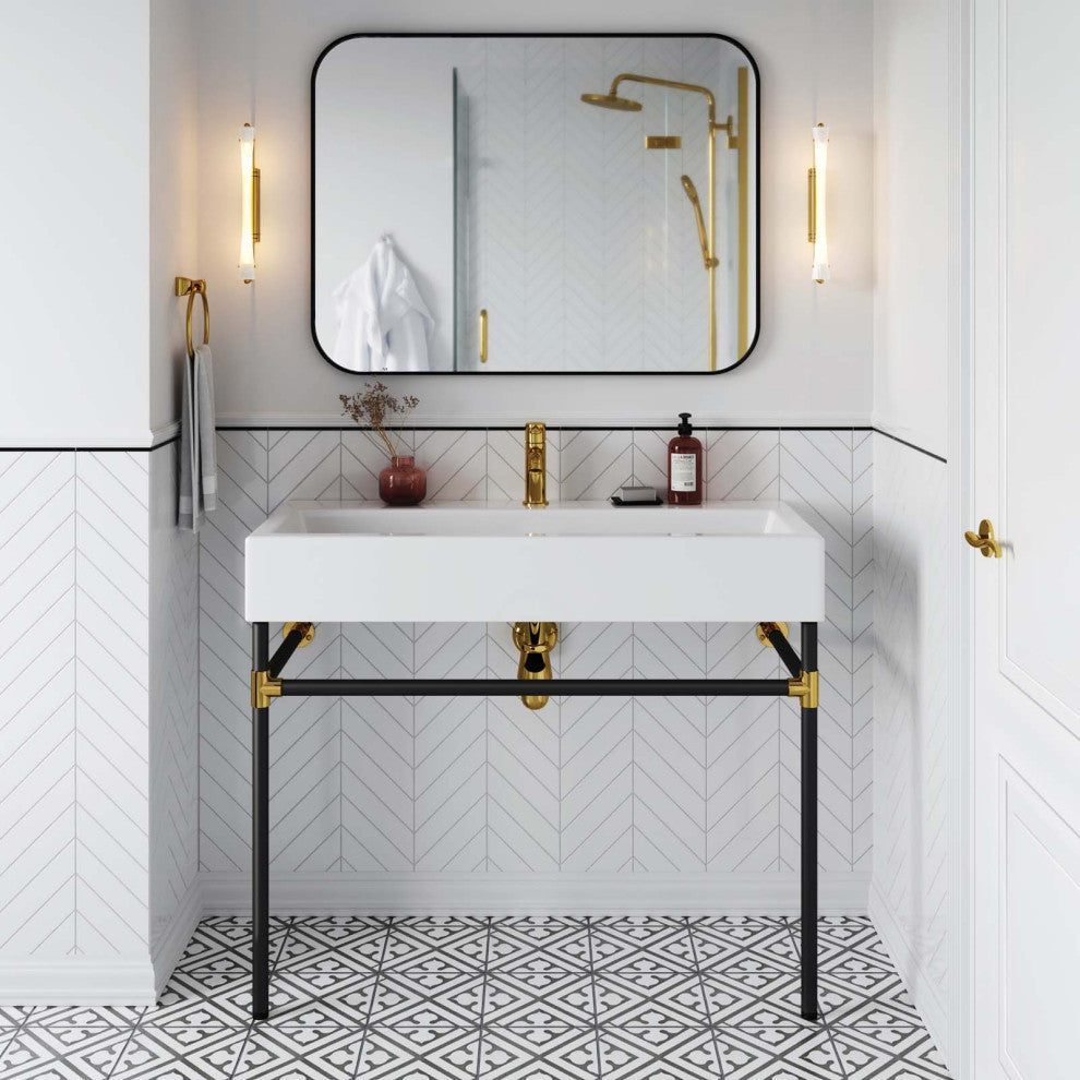 Redeem 40" Black Stainless Steel Wall-Mount Bathroom Vanity, Black White