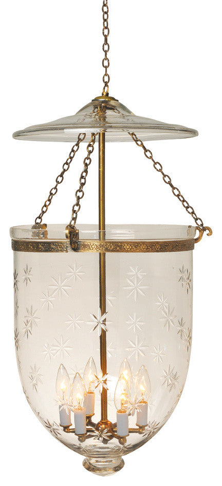 Star Etching Hundi Glass Bell Jar Lantern 14"D, Antique Brass