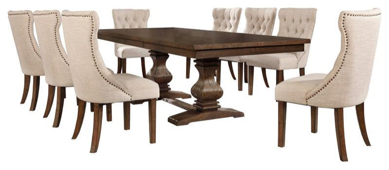 Walnut Wood Dining Set with Extendable Table and Beige Linen Chairs