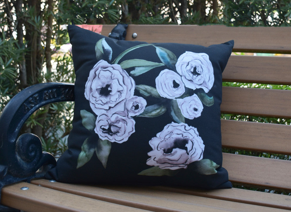 Radiant Rose Black Floral Print Decorative Outdoor Throw Pillow, 18"