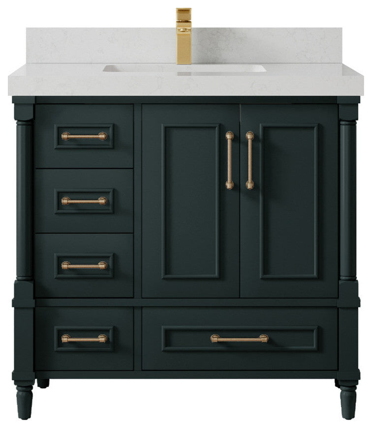 Aberdeen 36 Center Sink Bath Vanity in Dark Forest Green 2" Carrara Quartz