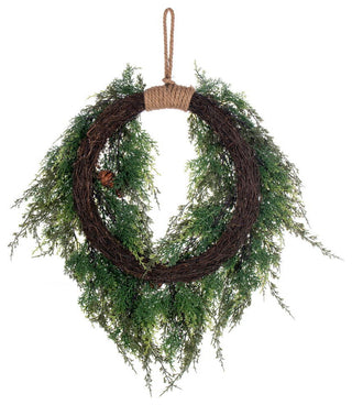 Vickerman 24" Artificial Snow Cedar Hanging Wreath With Pinecones.
