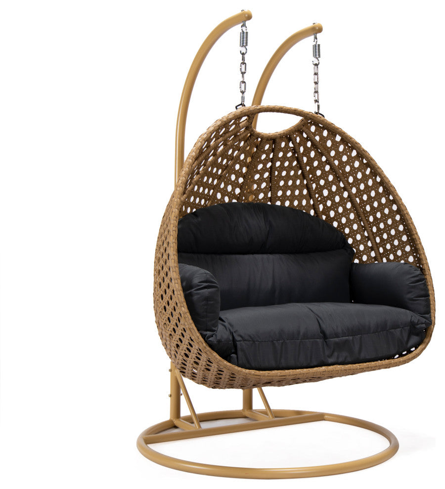 LeisureMod Mendoza Light Brown Wicker Hanging Double Egg Swing Chair, Dark Gray