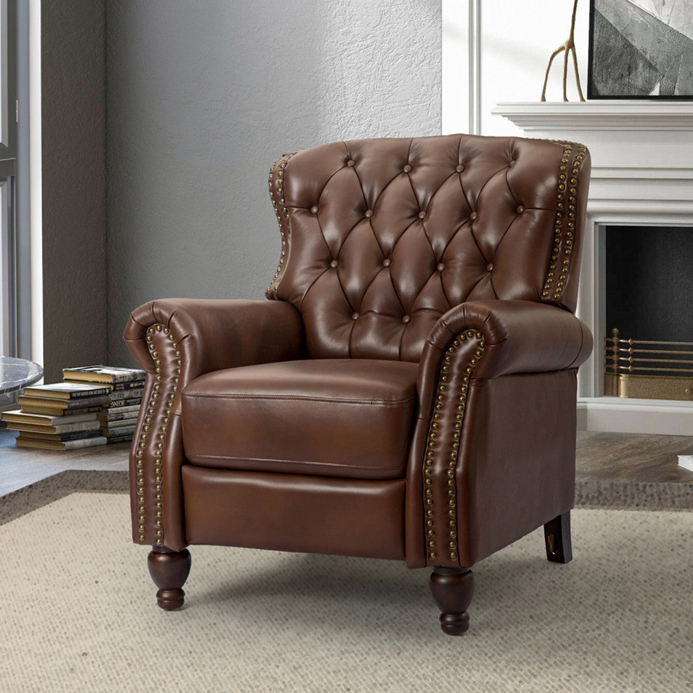34.5"W Transitional Style Genuine Leather Recliner With Nailhead Trims, Brown
