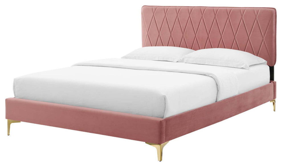 Platform Bed Frame, Queen Size, Velvet, Pink, Modern Contemporary, Bedroom