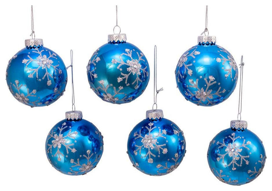 Kurt Adler 80MM Blue and Silver Glitter Snowflake Glass Ball Ornaments, 6 Pc Box