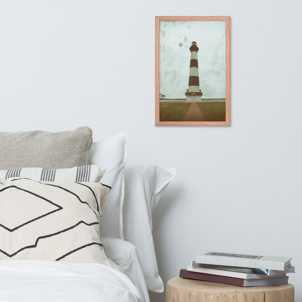 Aged Bodie Lighthouse Landscape Framed Photo Paper Wall Art Prints, Red Oak, 12" X 18"