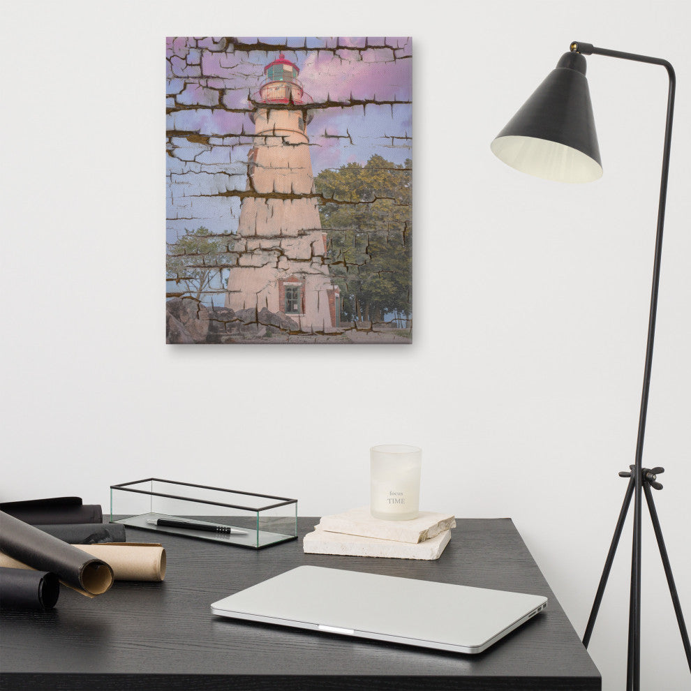 Faux Wood Texture Marblehead Lighthouse at Sunset Canvas Prints, 16" X 20"