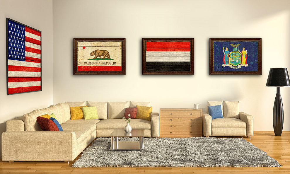 Yemen Country Textured Flag Print With Brown Gold Frame, 19"X27"