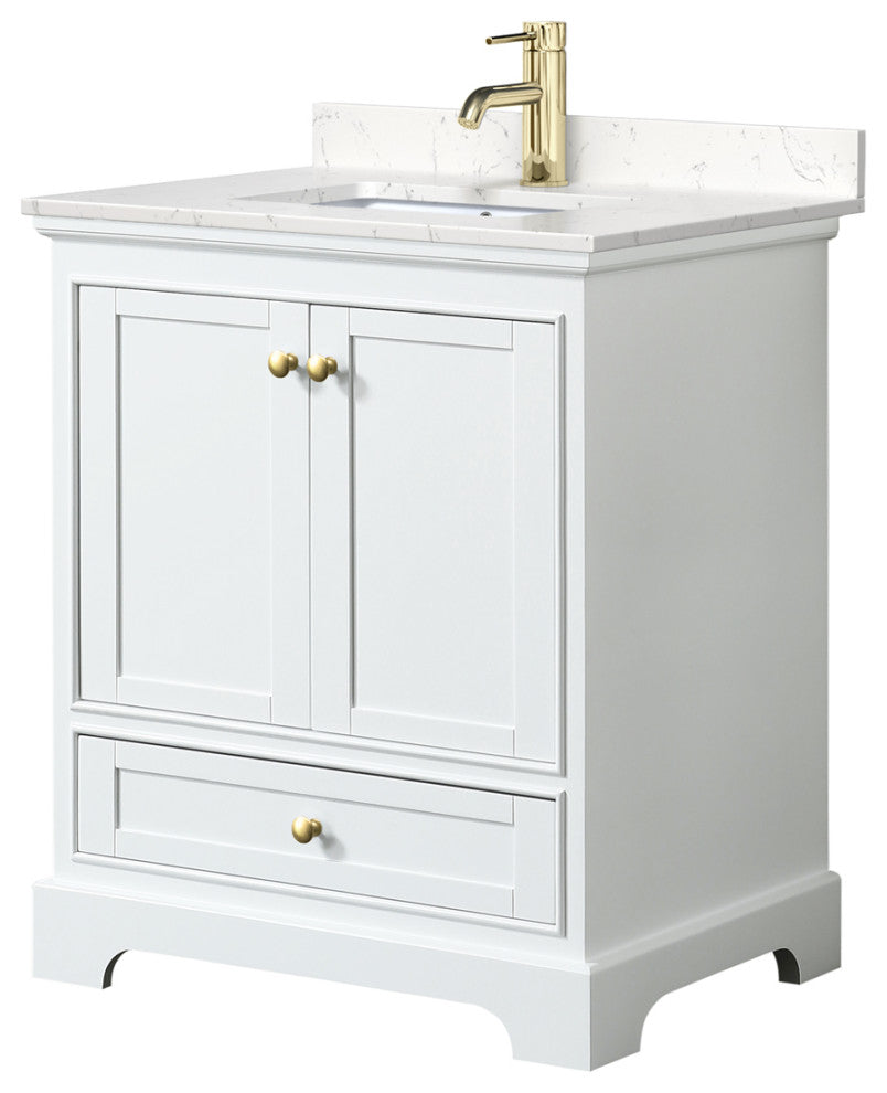 30" Single Bath Vanity White, Carrara Cult. Marble Countertop, Sink, Gold Trim