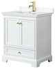 30" Single Bath Vanity White, Carrara Cult. Marble Countertop, Sink, Gold Trim