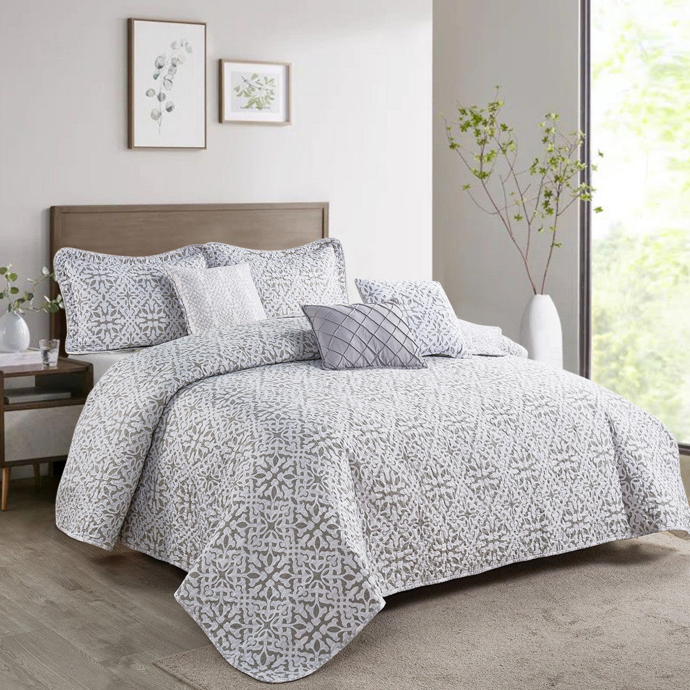 Bellamy Printed Quilted 6-Piece Bed Spread Set, Light Brown/Taupe, King