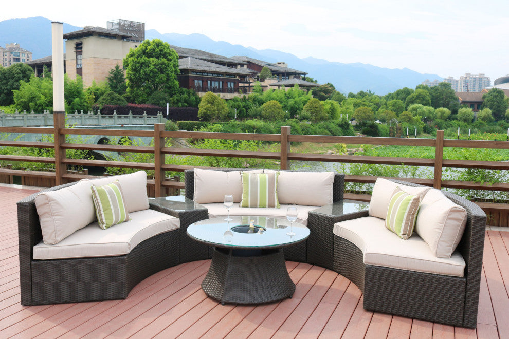 Half-Moon Outdoor Rattan Conversation Set with Ice Bucket Table, Black