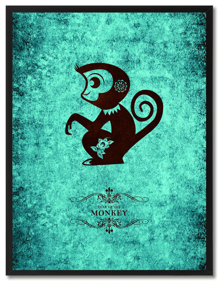 Monkey Chinese Zodiac Aqua Print on Canvas with Picture Frame, 13"x17"