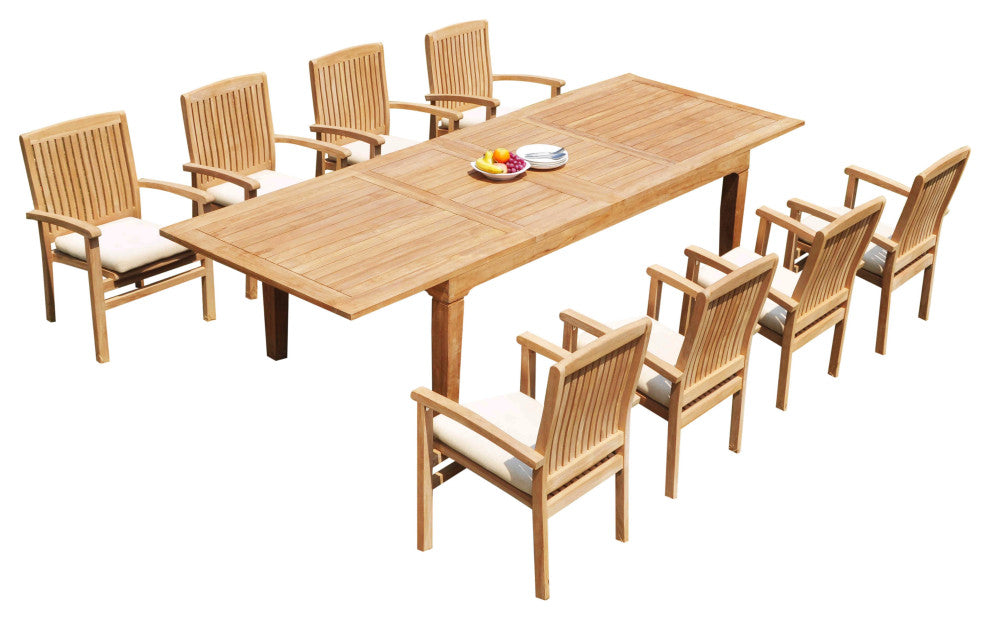 9-Piece Outdoor Teak Dining Set: 122" Rectangle Table, 8 Wave Stacking Arm Chair