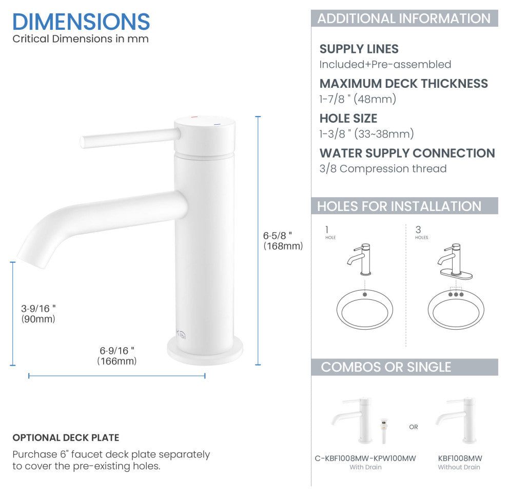 Circular Brass Single Handle Bathroom Faucet KBF1008, Matte White,, Drain