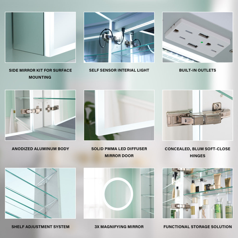 LED Medicine Cabinet with Mirror, 3X Magnifier Glass, Recessed/Surface Mount, 24"x30" Right Door