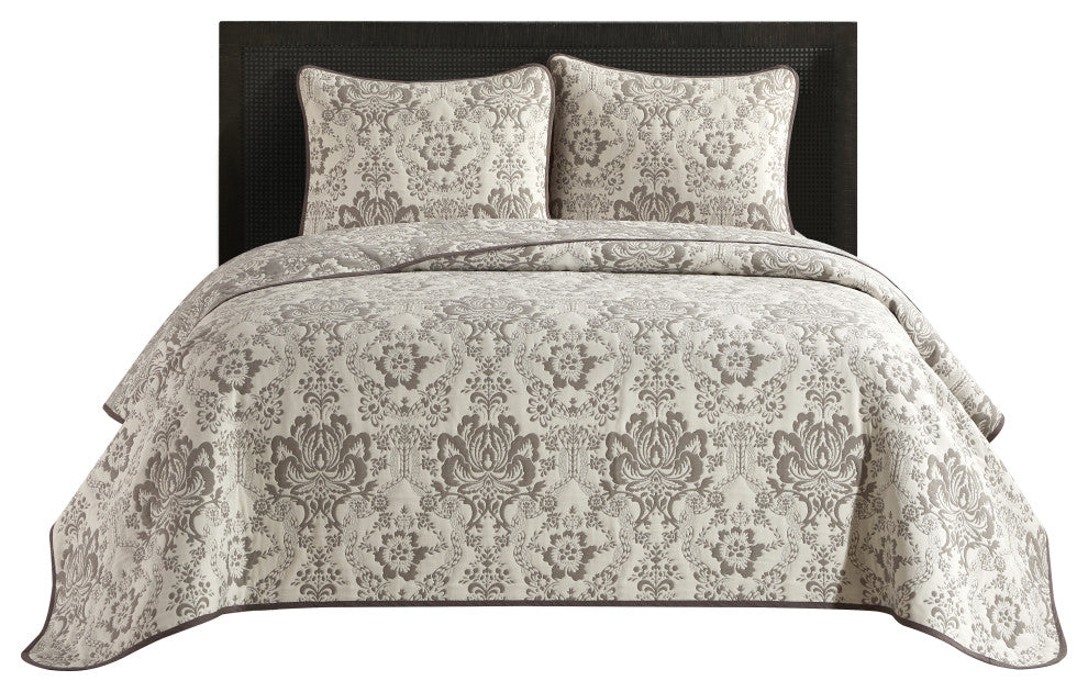 Tricia Damask 3 Piece Quilt Set, Taupe, Queen