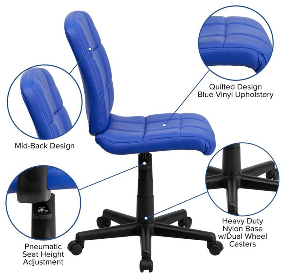 Pemberly Row Contemporary Mid Back Quilted Office Swivel Chair in Blue