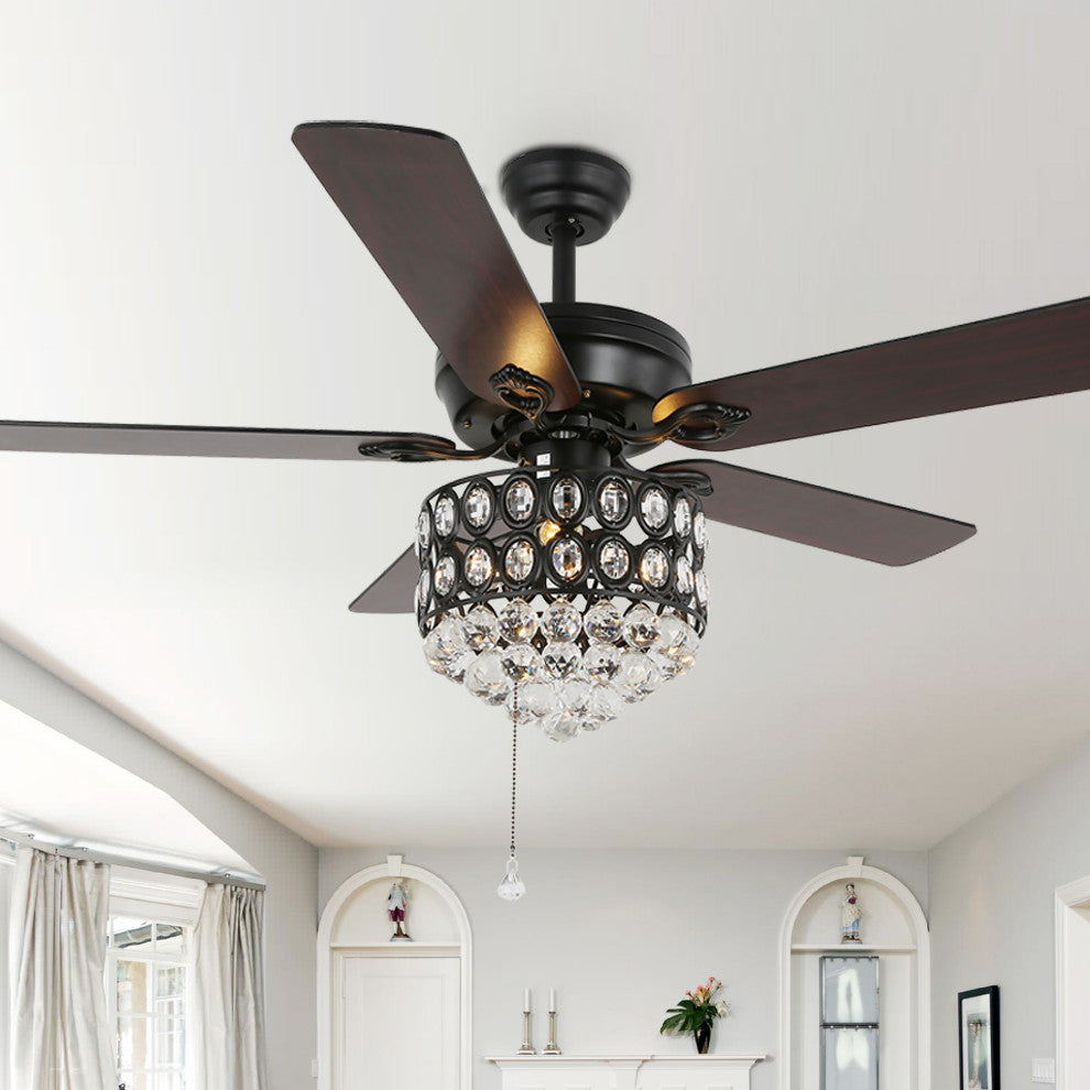 52" Modern Silver Crystal Ceiling Fan 6-speed with Dimmable Light and Remote, Black, 52"