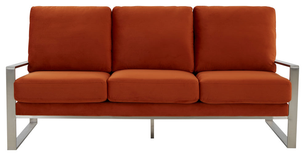 LeisureMod Jefferson Modern Design Velvet Sofa With Silver Frame, Orange